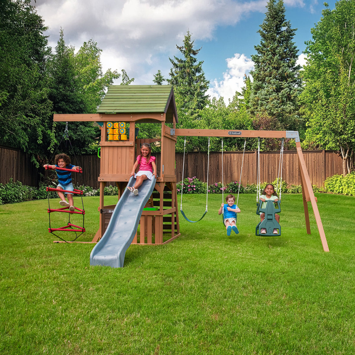 Wooden Outdoor Swing Set with Swings and Wave Slide
