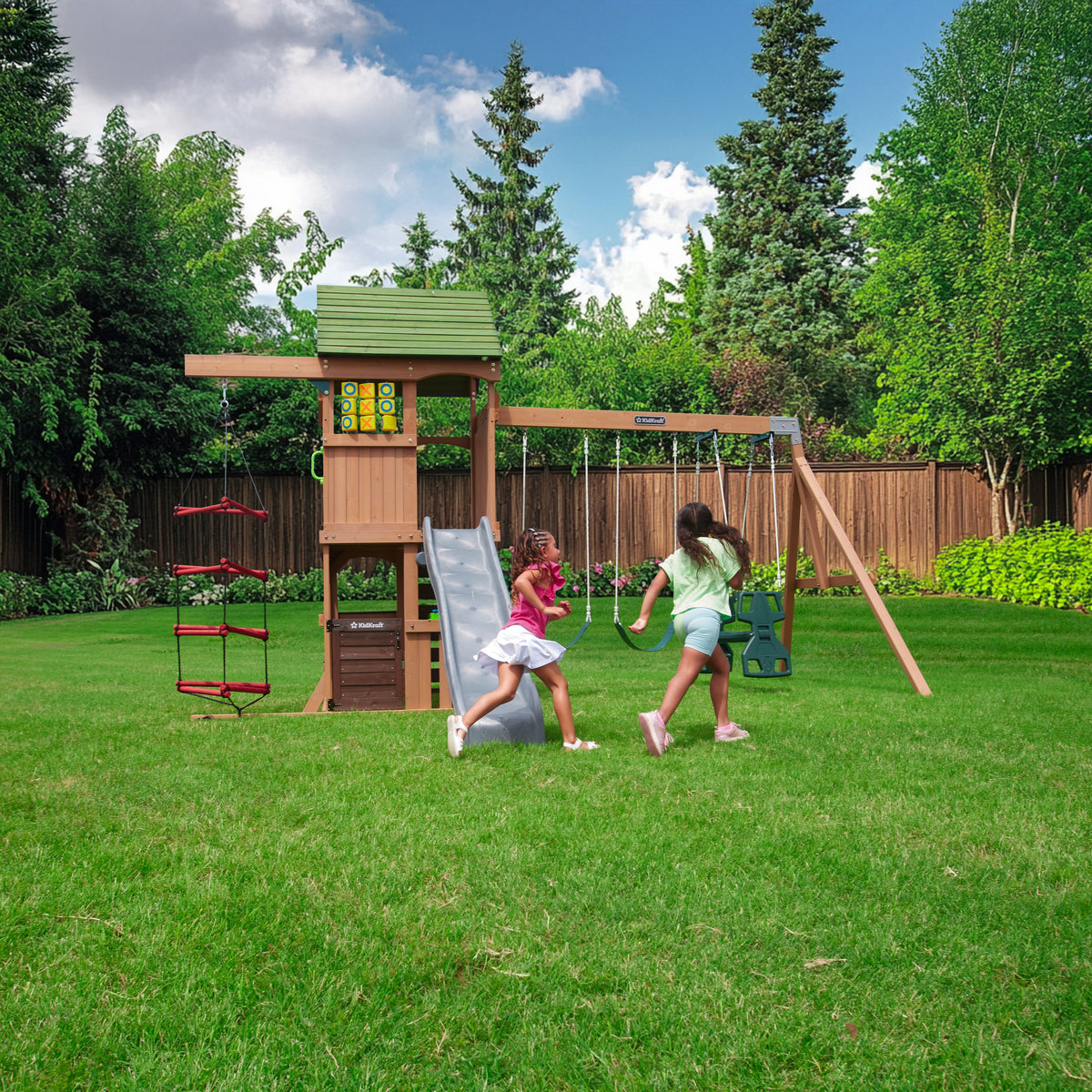 Wooden Outdoor Swing Set with Swings and Wave Slide