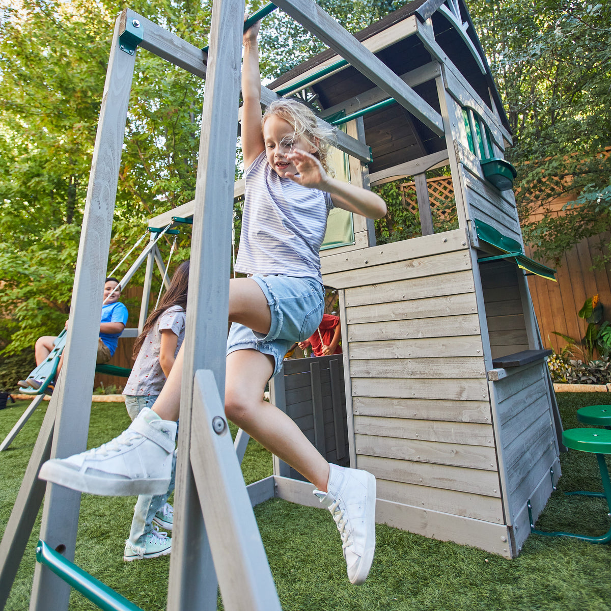 Wooden Outdoor Swing Set with Swings and Wave Slide