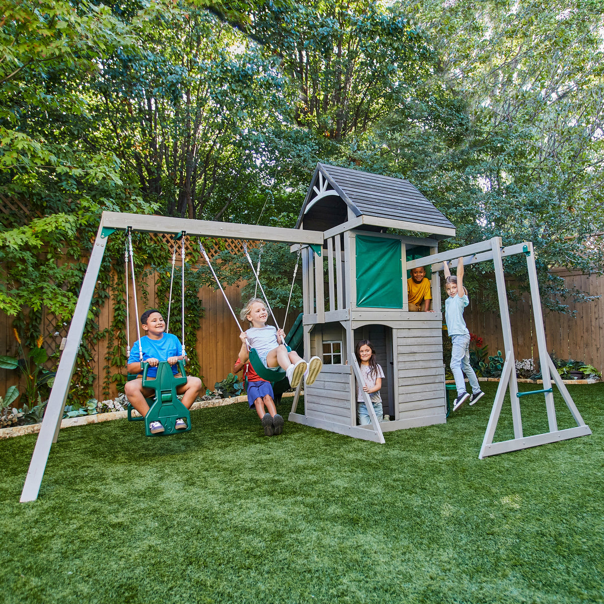 Wooden Outdoor Swing Set with Swings and Wave Slide