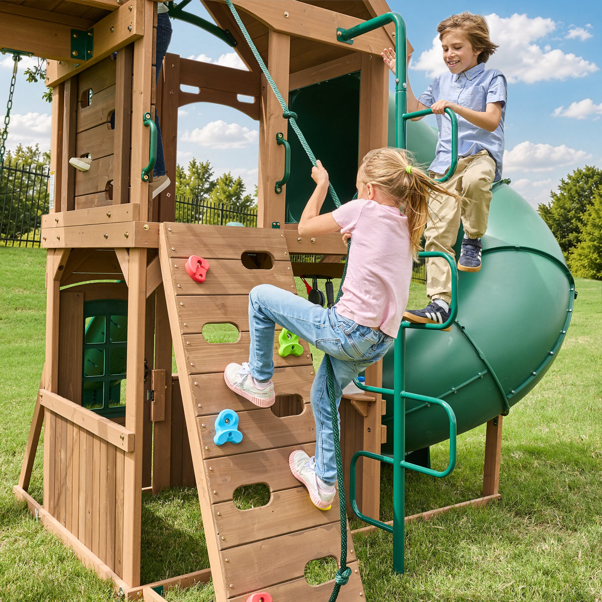 Wooden Outdoor Swing Set with Swings and Wave Slide