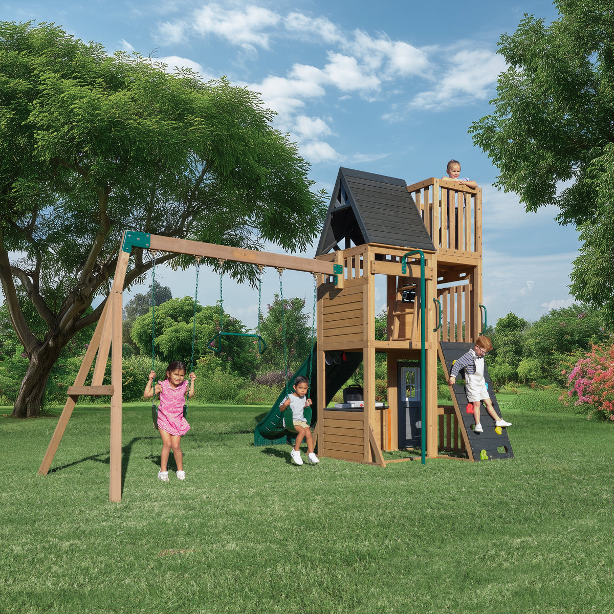 Wooden Outdoor Swing Set with Swings and Wave Slide