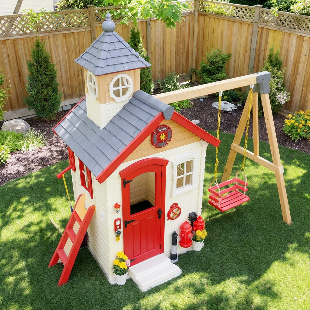 Fire Station Playhouse with Outdoor Swing Set