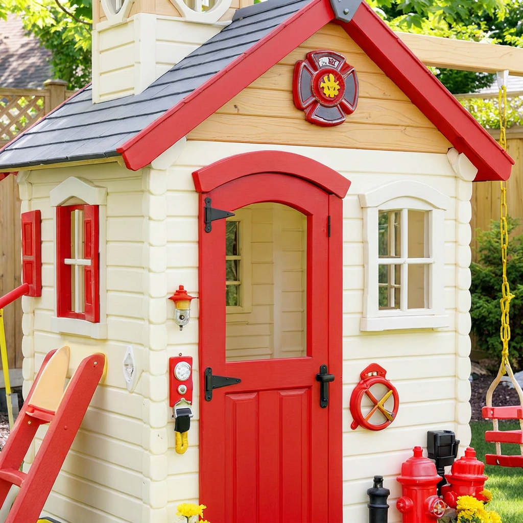 Fire Station Playhouse with Outdoor Swing Set