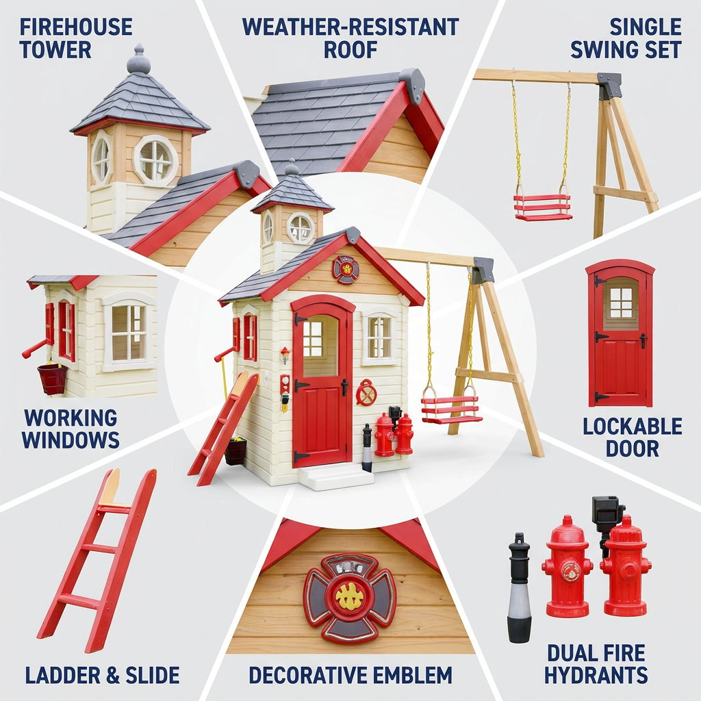 Fire Station Playhouse with Outdoor Swing Set