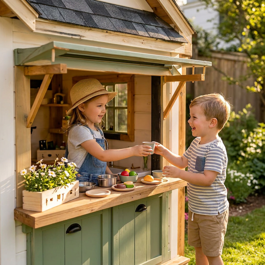 Green-Door Cottage Playhouse with Kitchen Counter