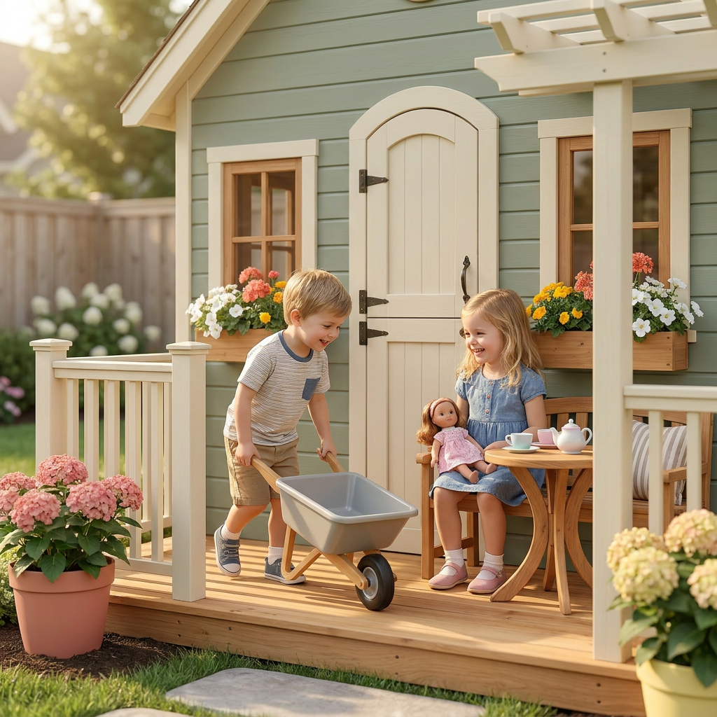 Kids Cottage Playhouse with Porch and Flower Boxes