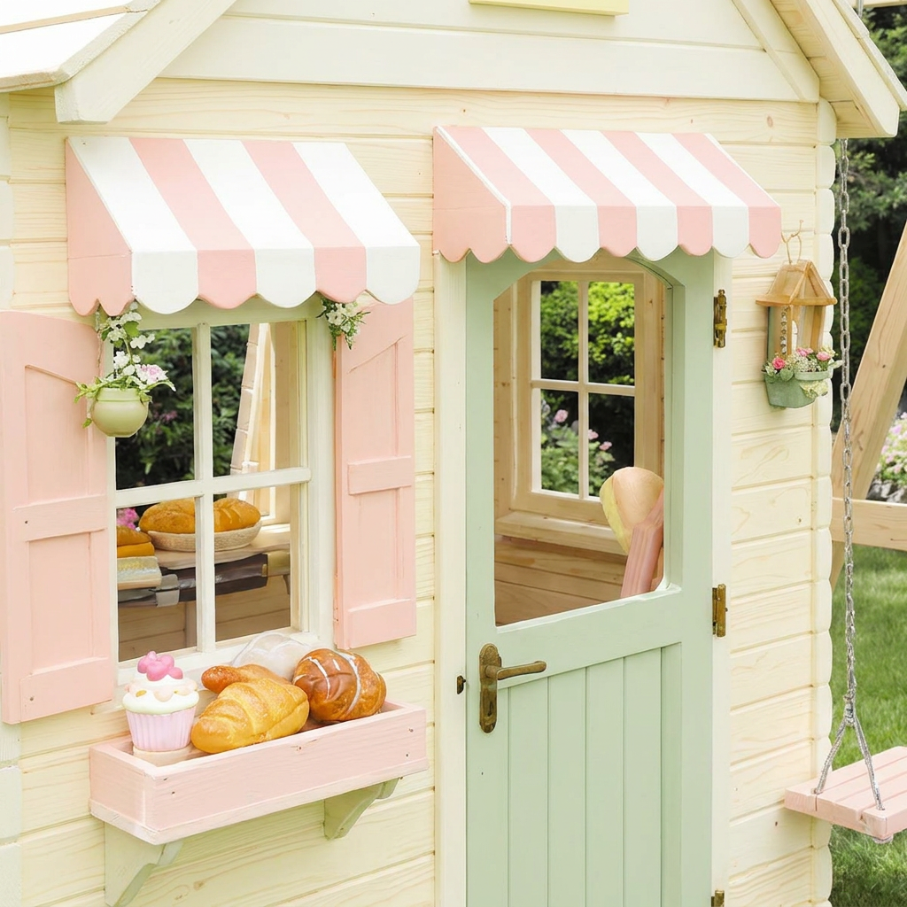 Bakery-Themed Playhouse with Outdoor Swing Set