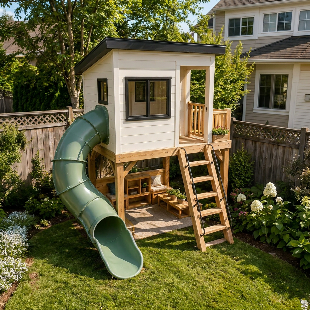 Modern Treehouse Playset with Tube Slide
