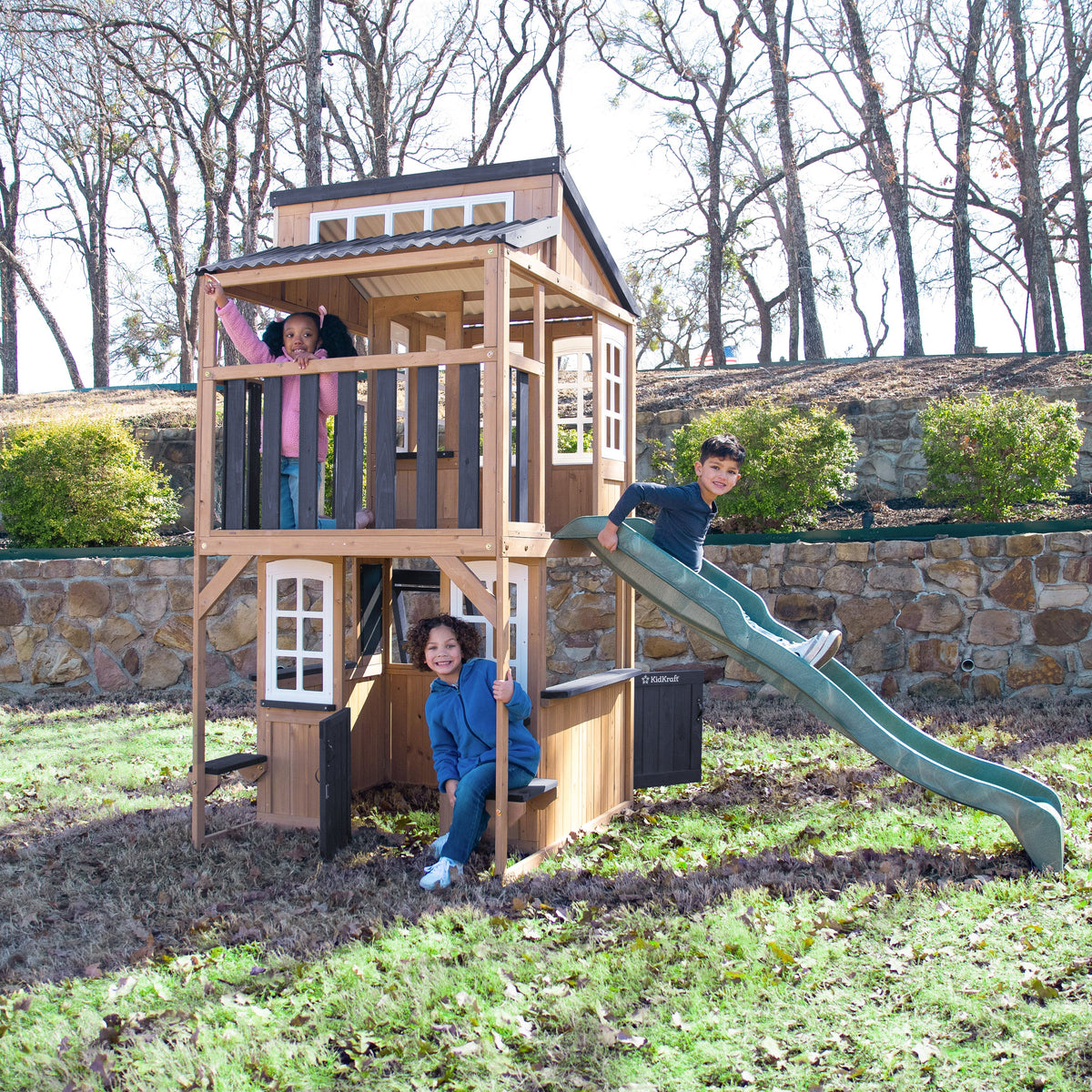 Outdoor Playhouse with Wave Slide and Chalkboard