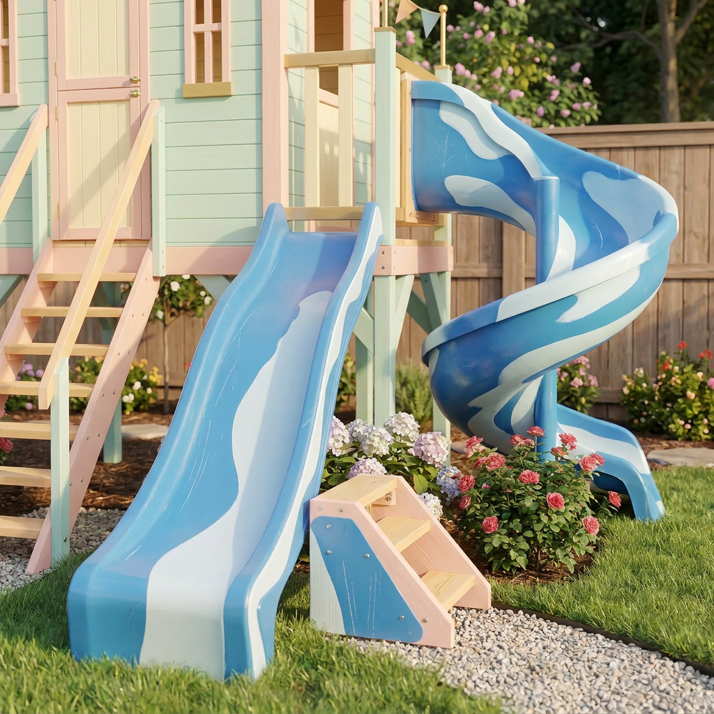 Pastel Castle Playhouse with Blue Spiral Slide