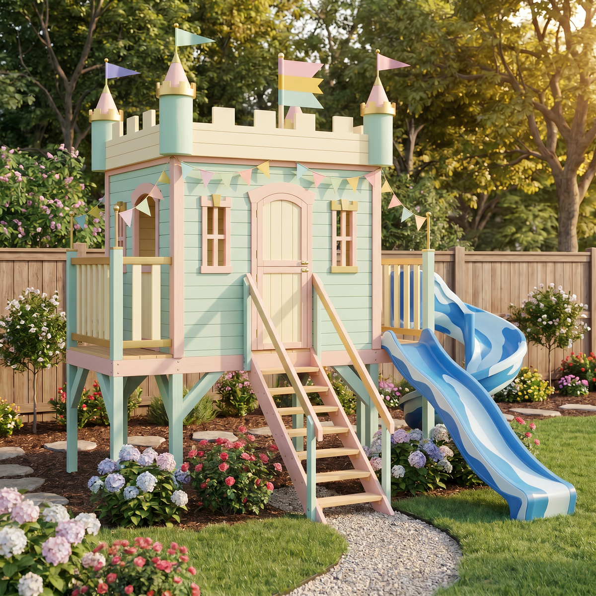 Pastel Castle Playhouse with Blue Spiral Slide