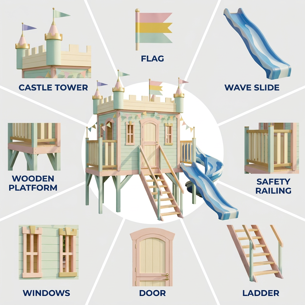 Pastel Castle Playhouse with Blue Spiral Slide
