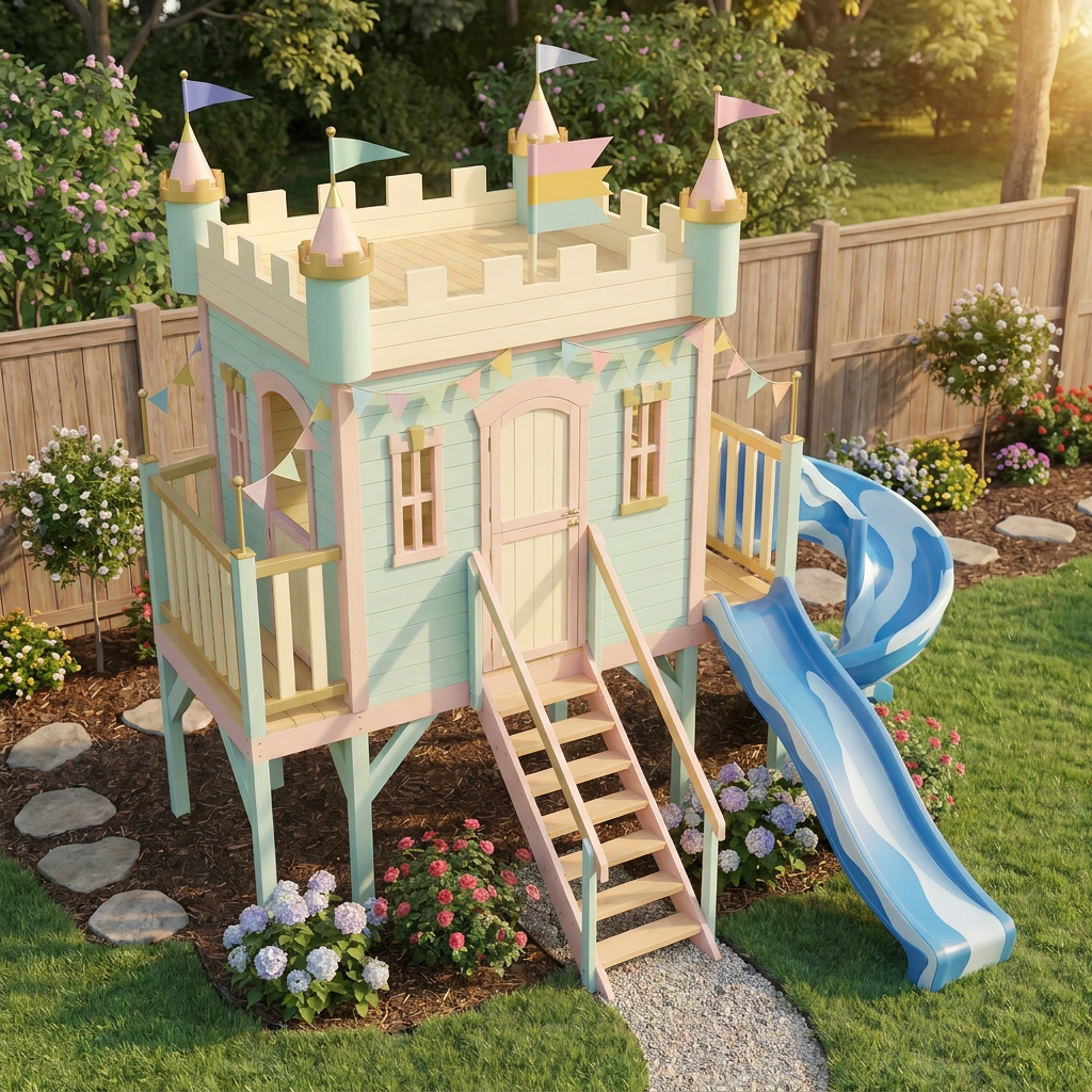 Pastel Castle Playhouse with Blue Spiral Slide