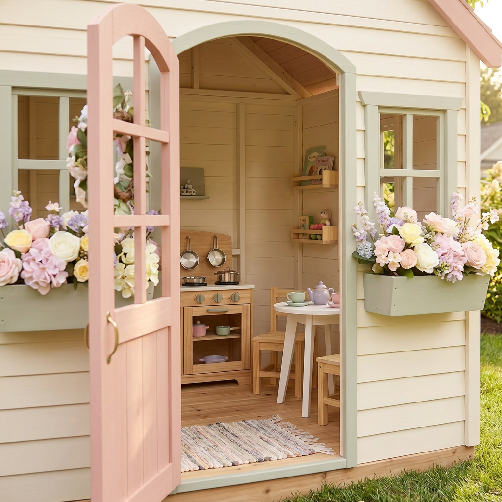 Rose-Colored Cottage Garden Playhouse with Porch