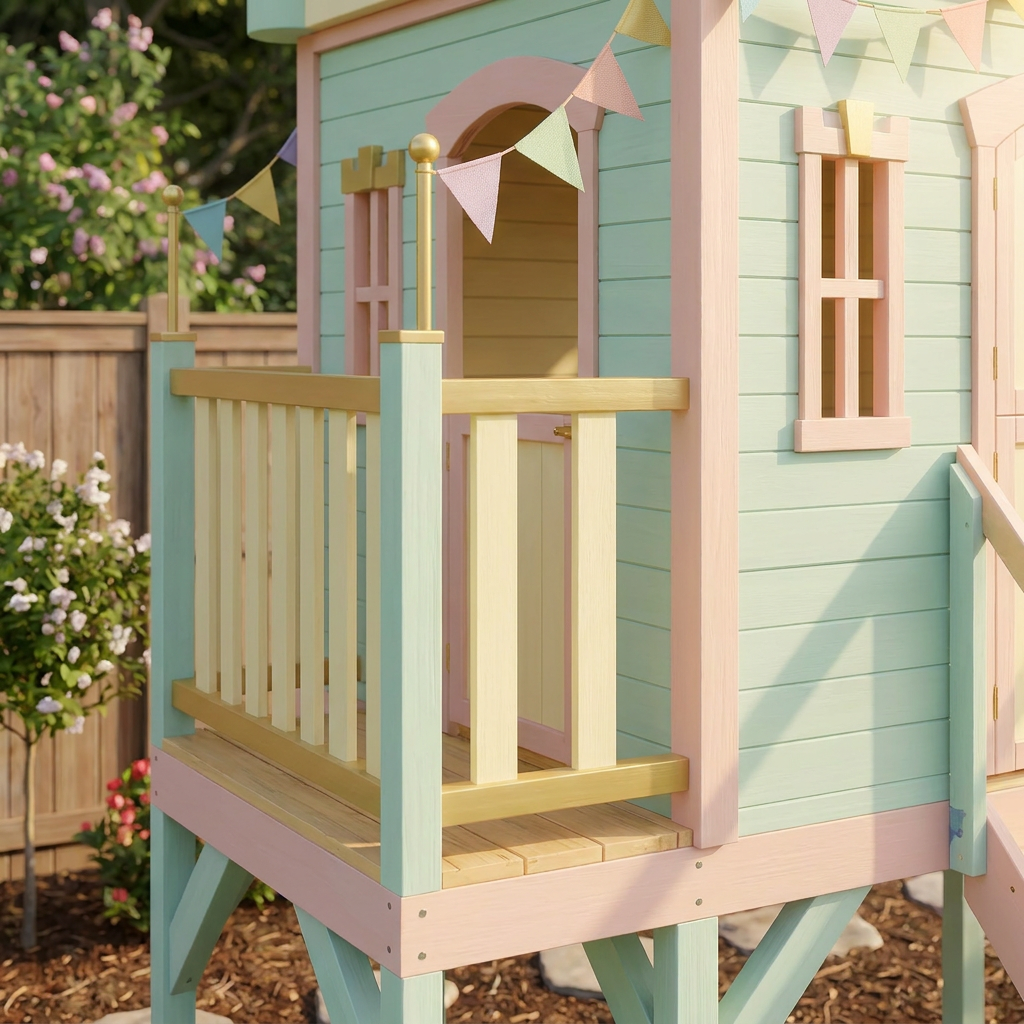 Pastel Castle Playhouse with Blue Spiral Slide