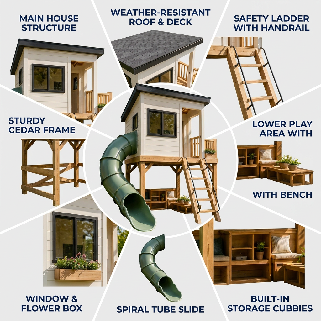 Modern Treehouse Playset with Tube Slide