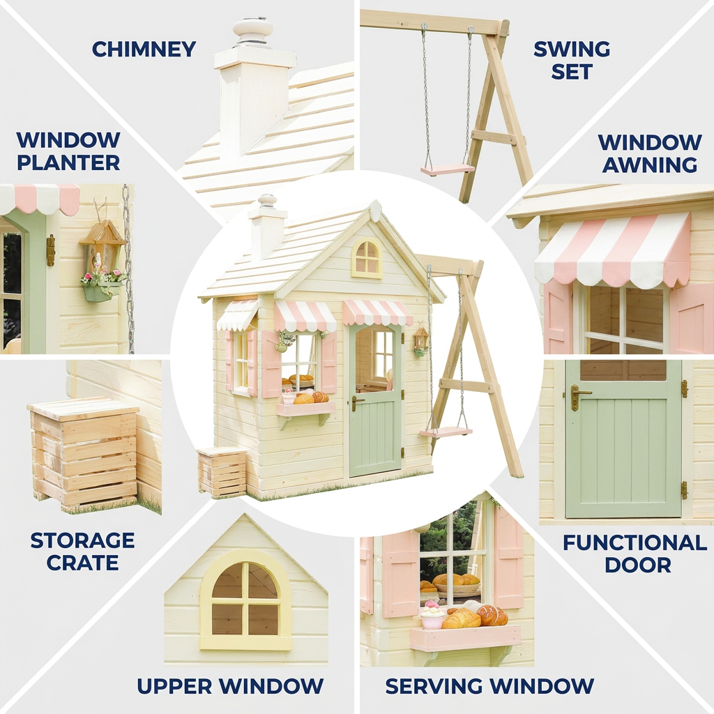Bakery-Themed Playhouse with Outdoor Swing Set