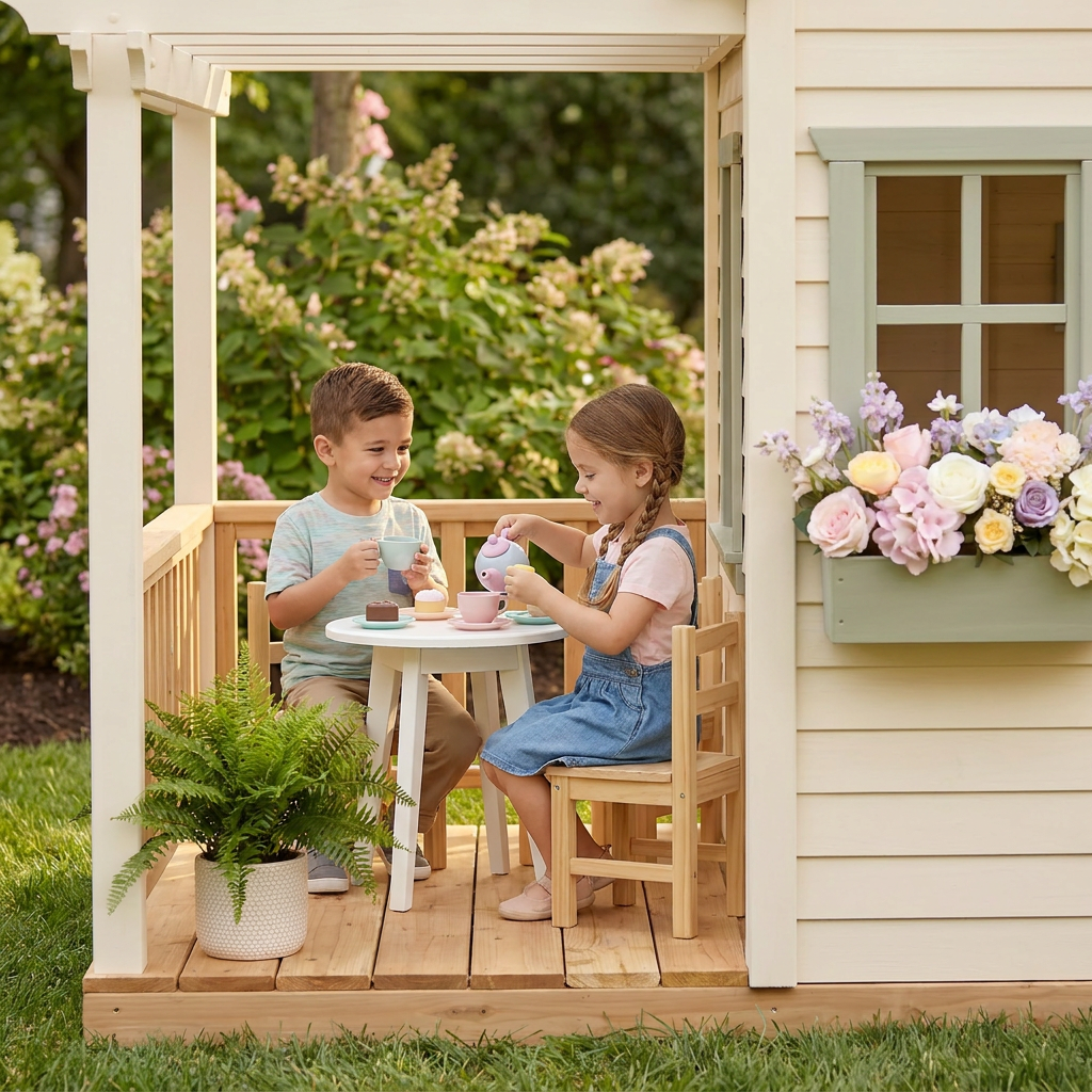 Rose-Colored Cottage Garden Playhouse with Porch