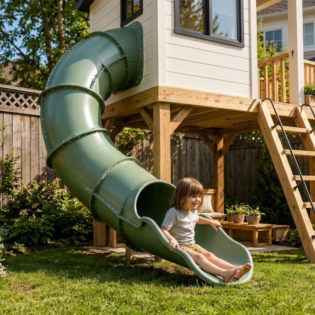 Modern Treehouse Playset with Tube Slide