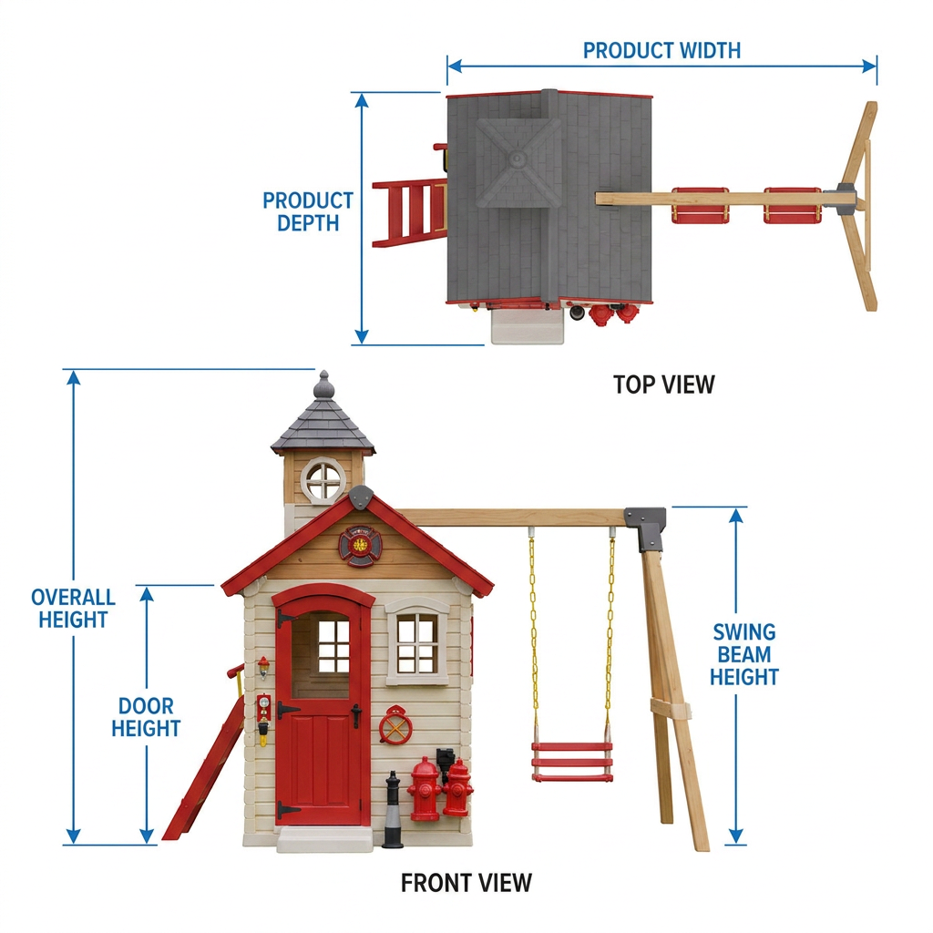 Fire Station Playhouse with Outdoor Swing Set
