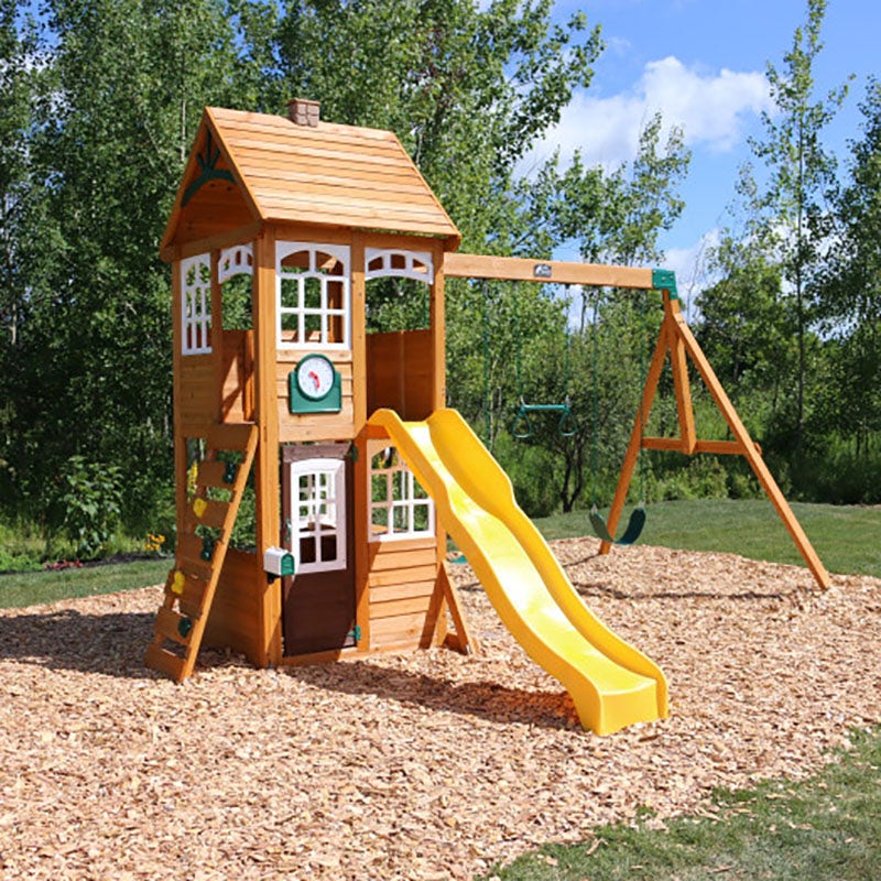 Wooden Outdoor Swing Set with Swings and Wave Slide