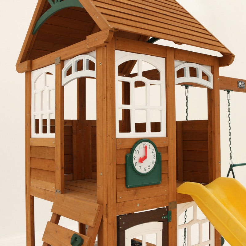 Wooden Outdoor Swing Set with Swings and Wave Slide