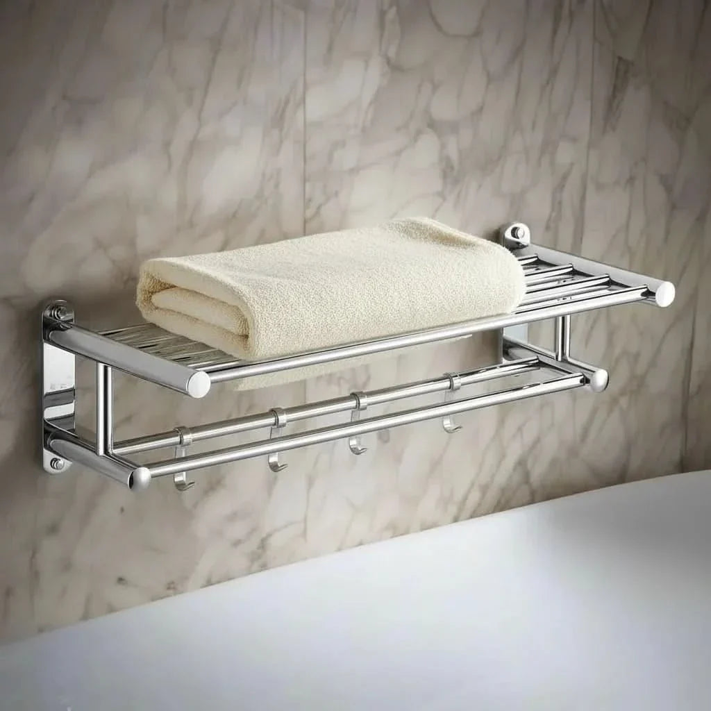 TOWELRIVA – Wall-Mounted Towel Rack with Shelf & Hooks for Organized Spaces