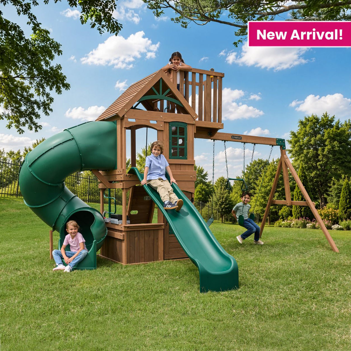 Wooden Outdoor Swing Set with Swings and Wave Slide