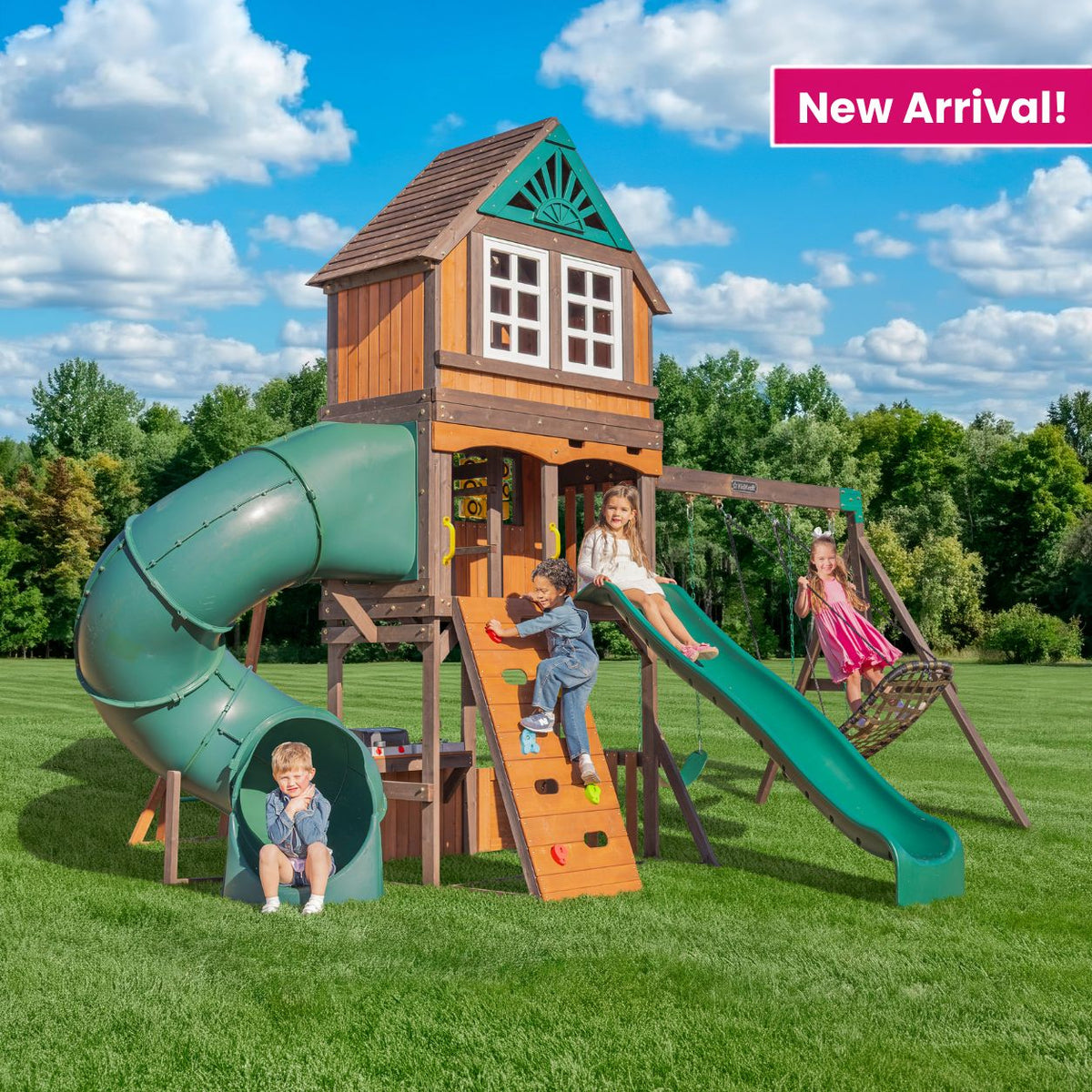 Wooden Outdoor Swing Set with Swings and Wave Slide