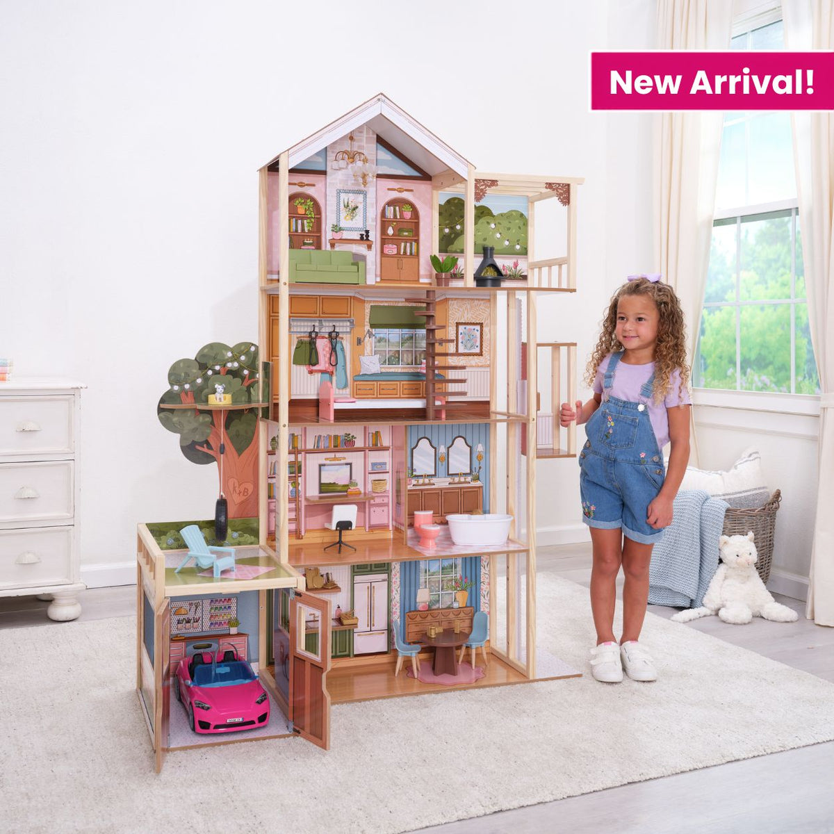 Wooden Dollhouse with Elevator and Toy Car