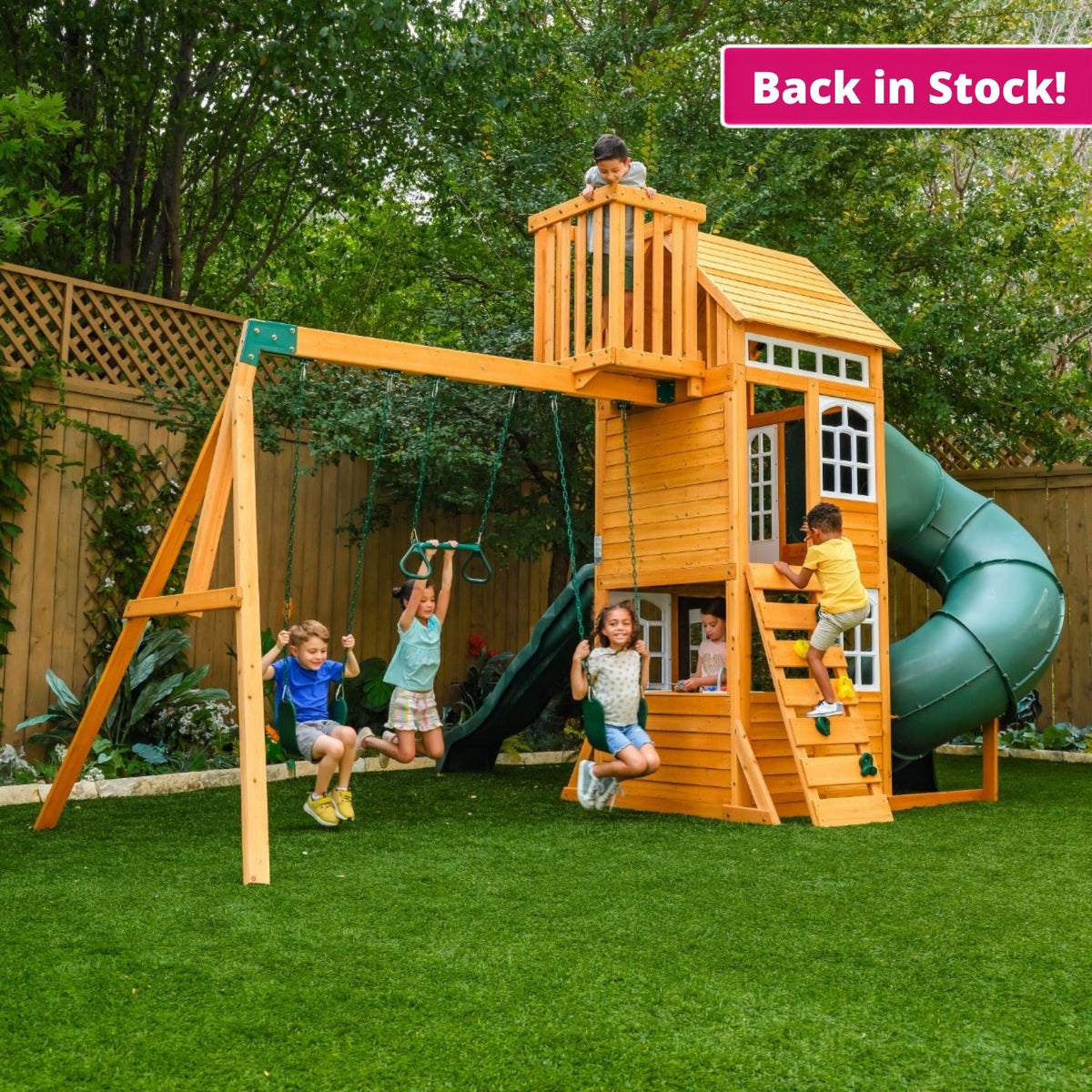 Wooden Outdoor Swing Set with Swings and Wave Slide