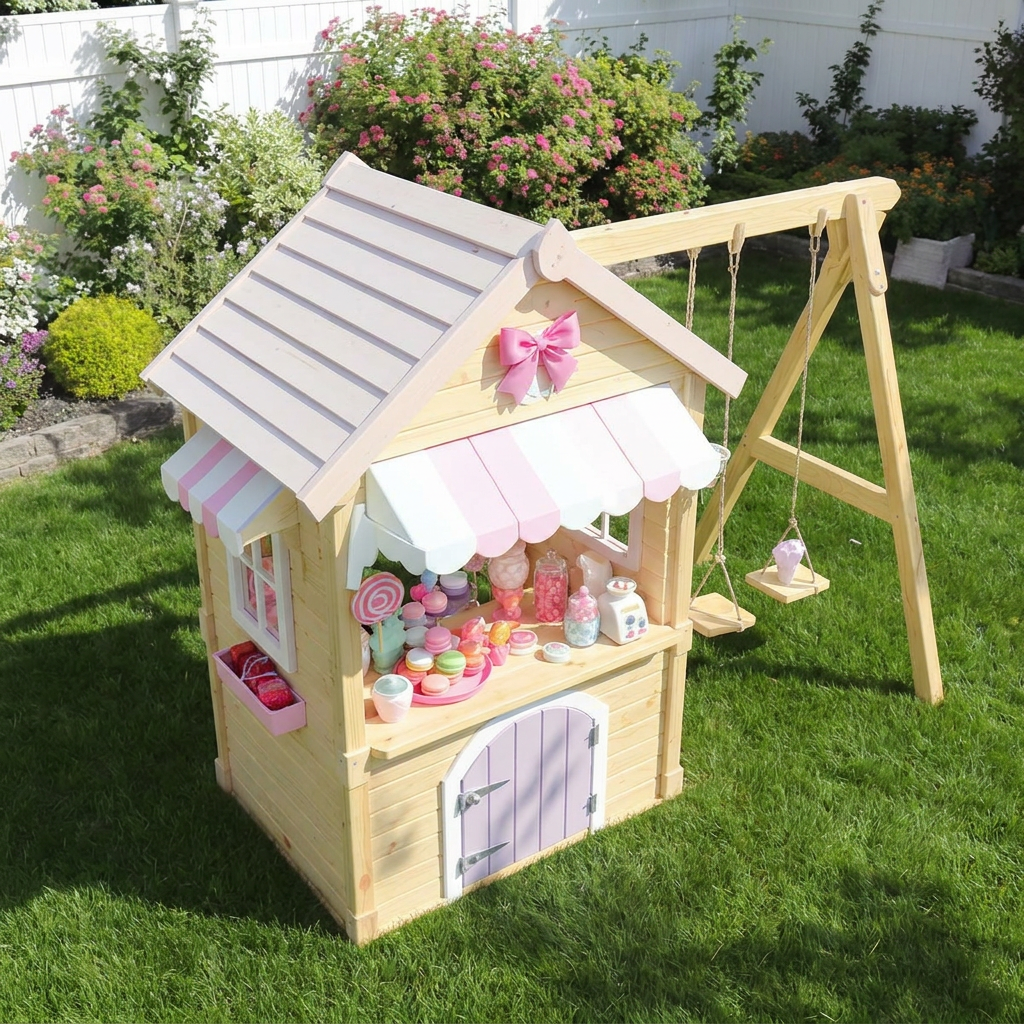 Candy-Themed Kids Playhouse with Swing Set