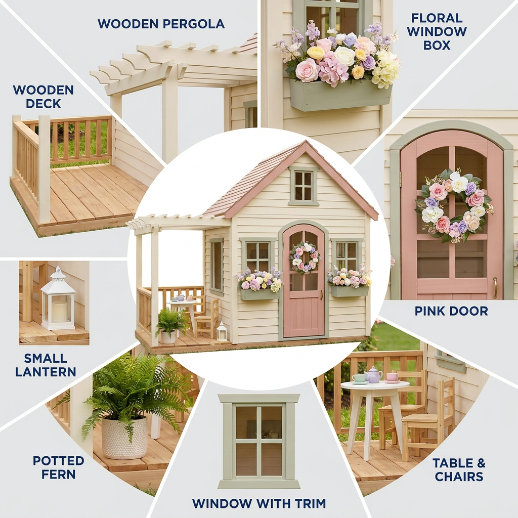 Rose-Colored Cottage Garden Playhouse with Porch