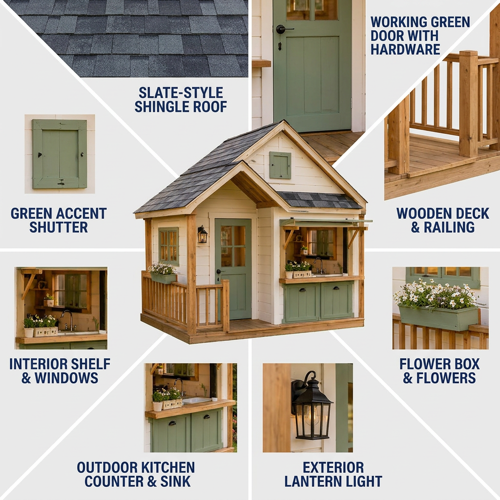 Green-Door Cottage Playhouse with Kitchen Counter