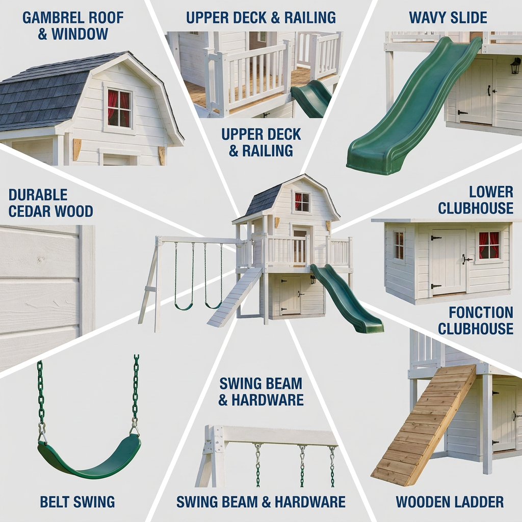 Kids Cottage Playhouse with Swings and Slide