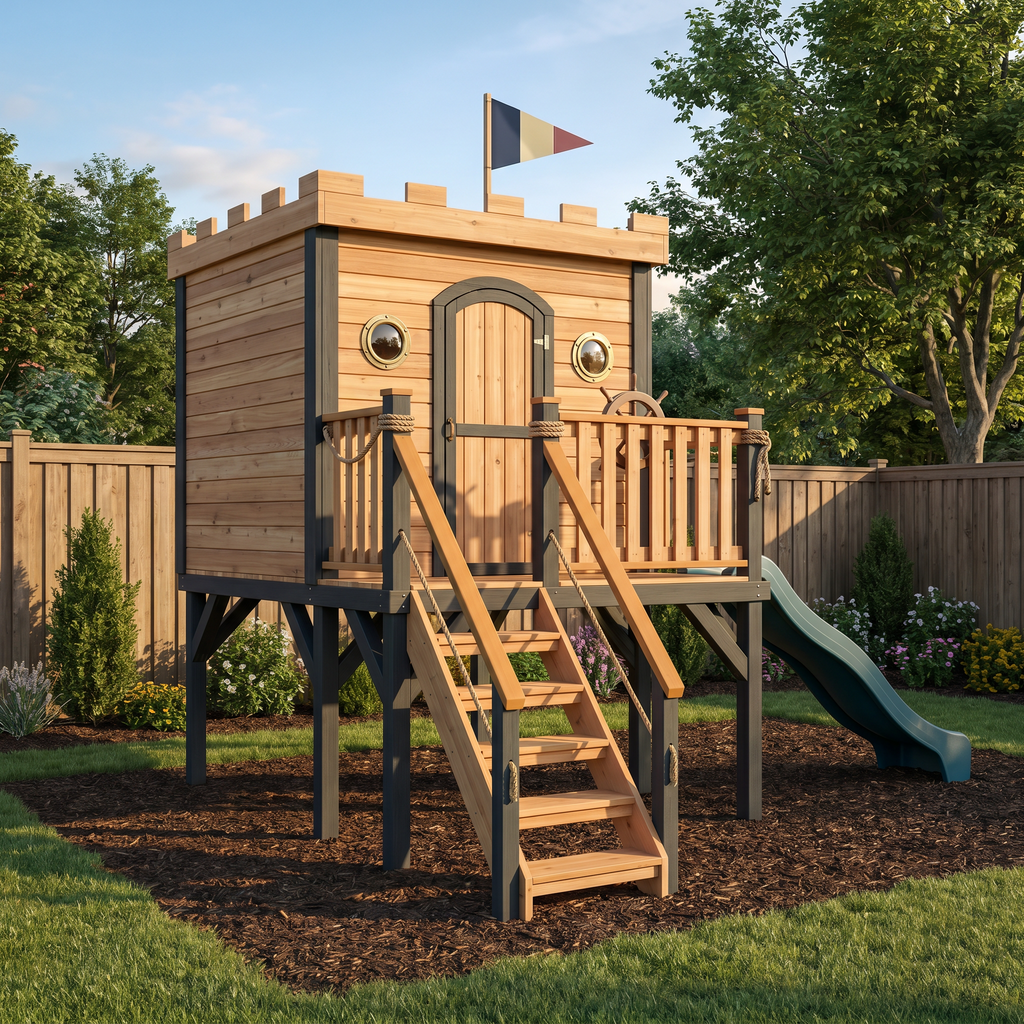 Ship-Themed Kids Playhouse with Green Slide