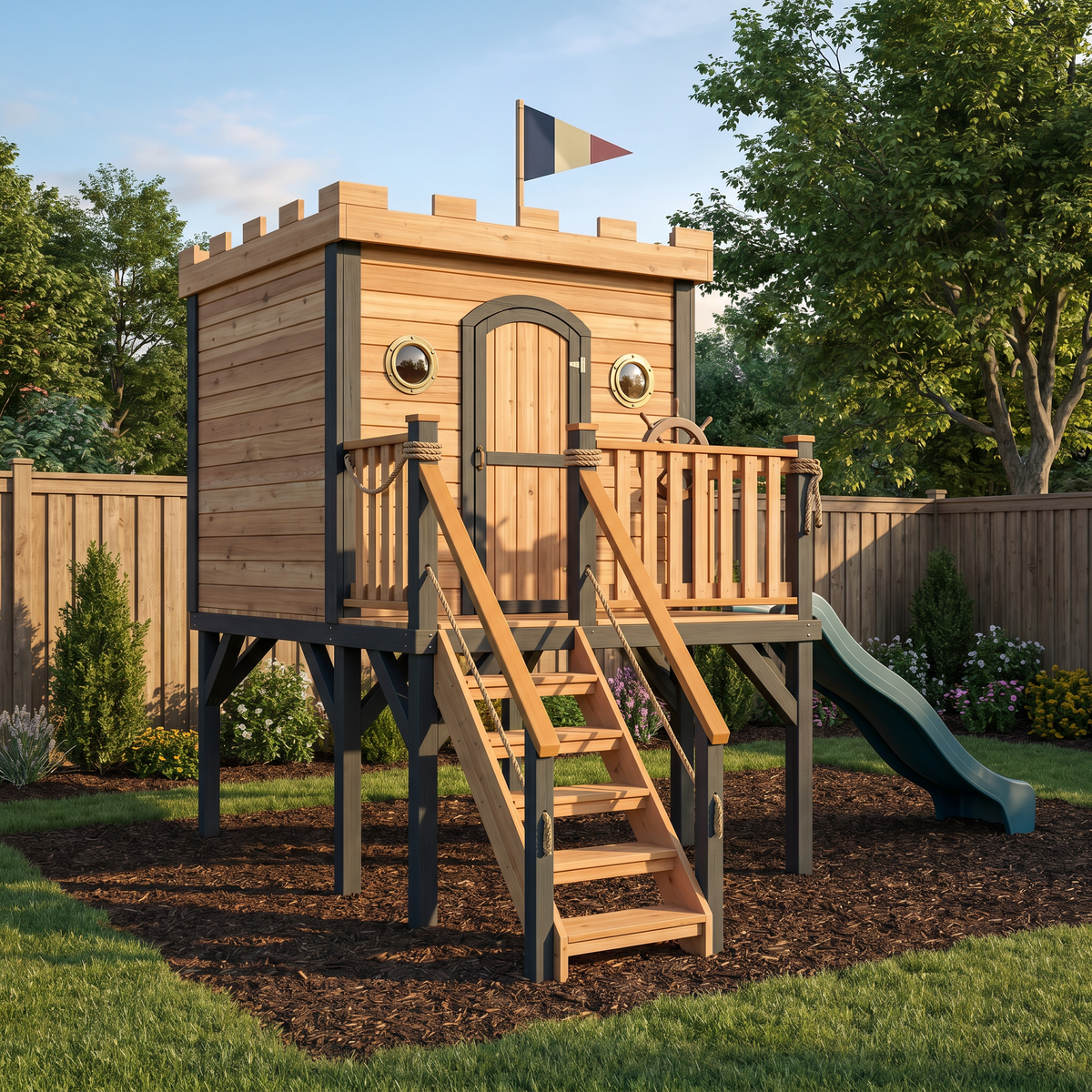 Ship-Themed Kids Playhouse with Green Slide
