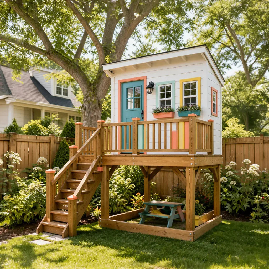 Colorful Cottage Playhouse with Raised Garden Deck