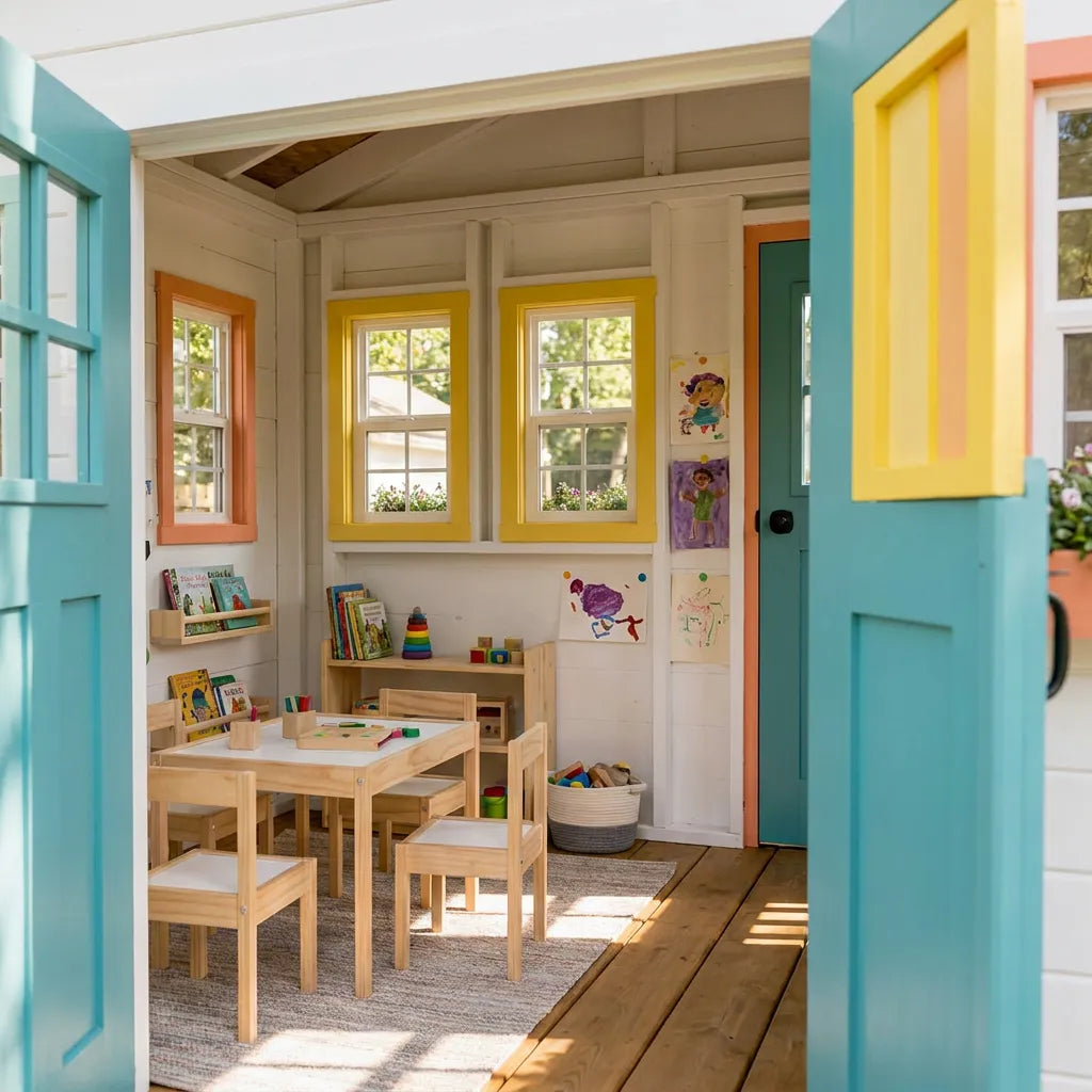 Colorful Cottage Playhouse with Raised Garden Deck