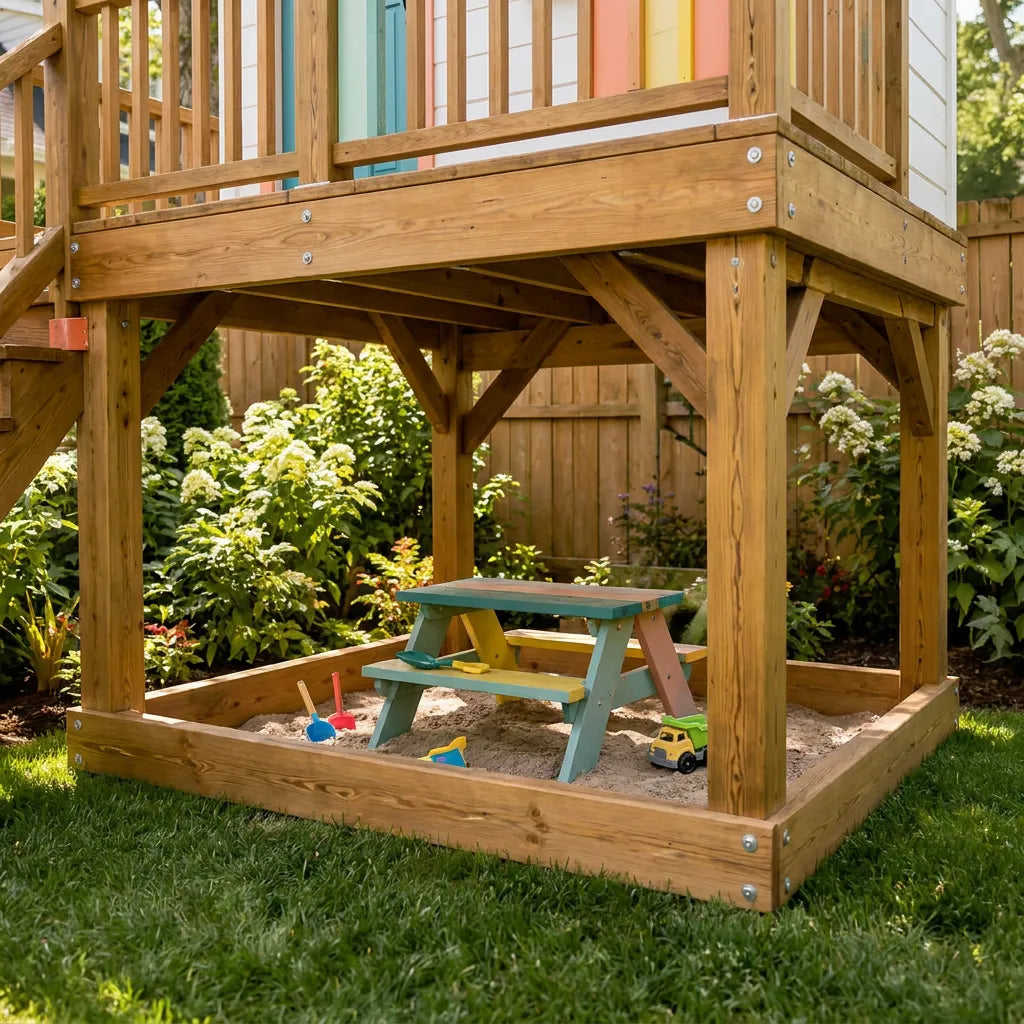 Colorful Cottage Playhouse with Raised Garden Deck