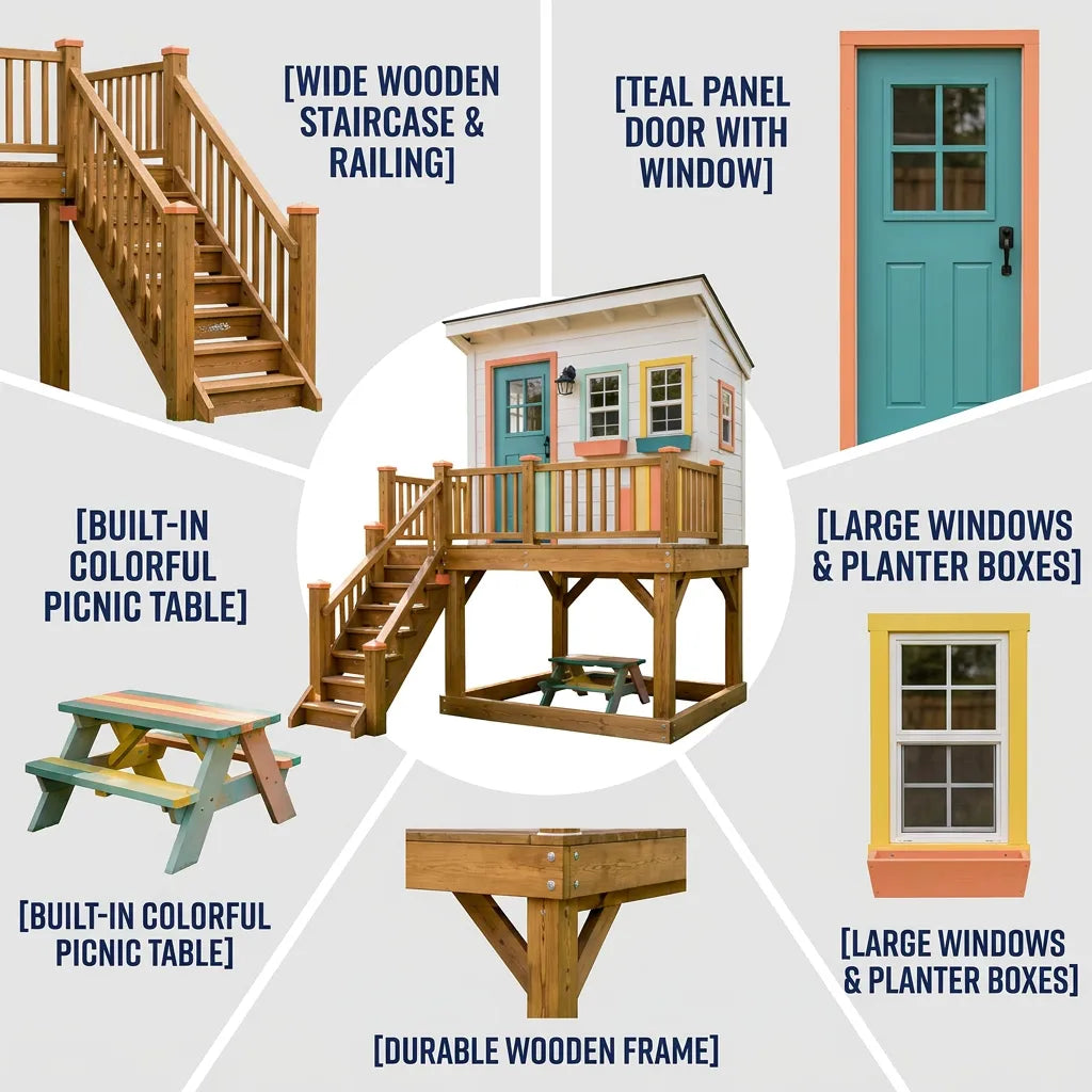 Colorful Cottage Playhouse with Raised Garden Deck