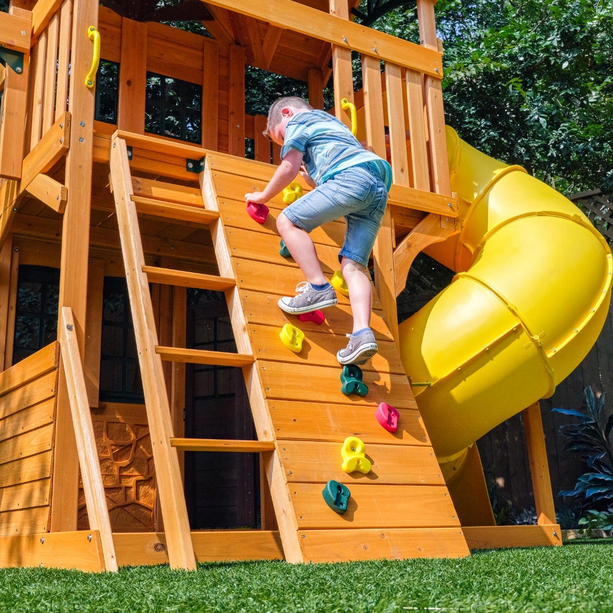 Wooden Outdoor Swing Set with Swings and Slide