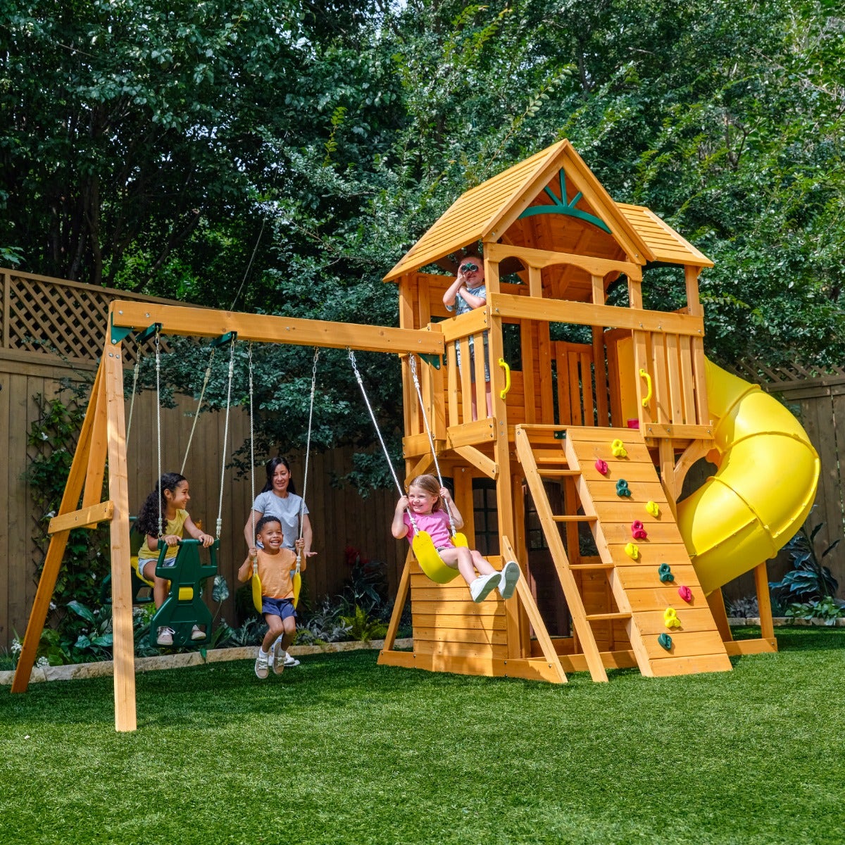 Wooden Outdoor Swing Set with Swings and Slide