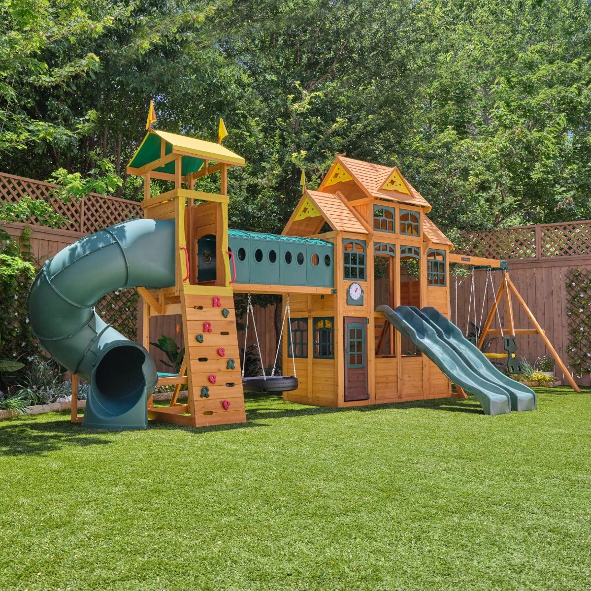 Wooden Outdoor Swing Set with Swings and Wave Slide