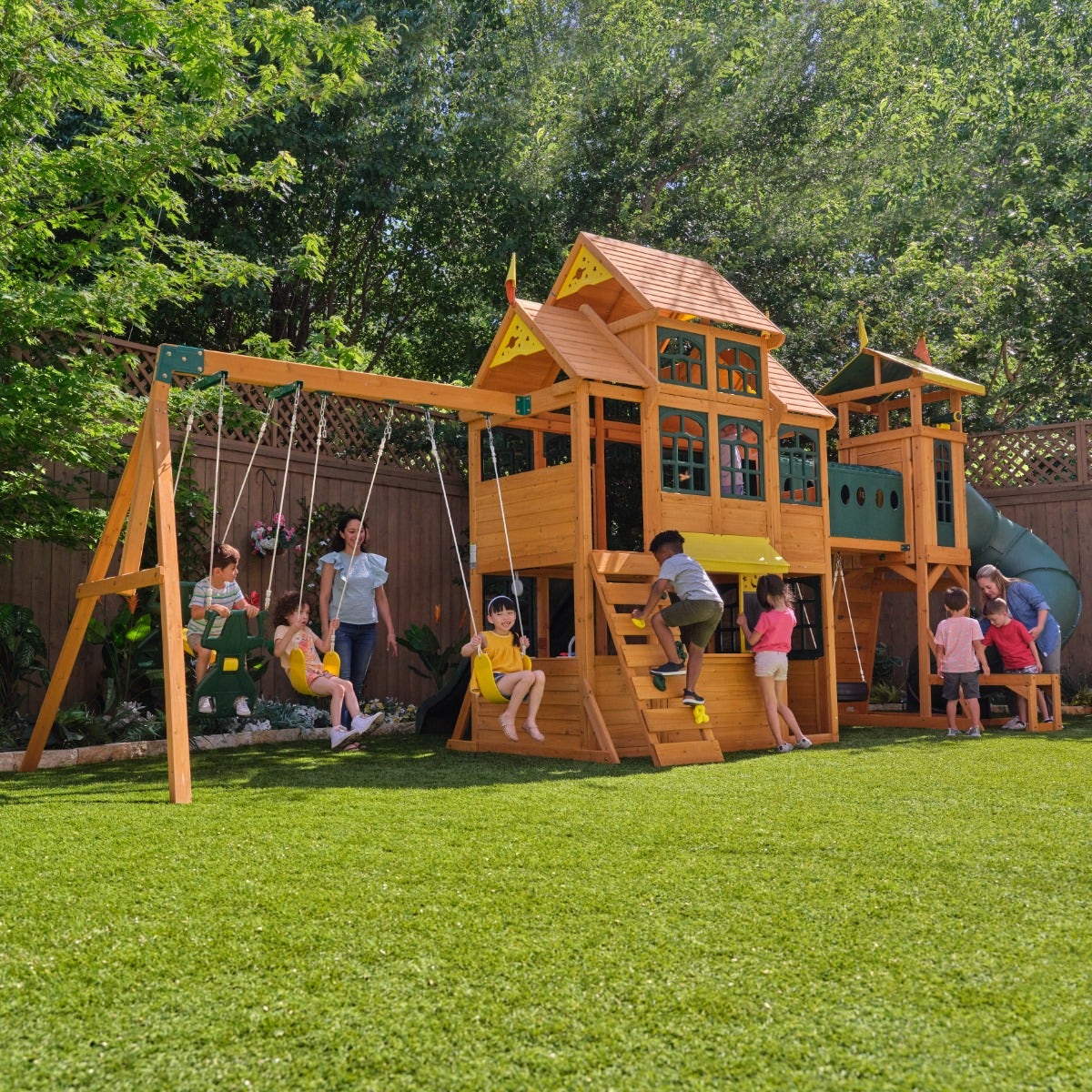 Wooden Outdoor Swing Set with Swings and Wave Slide