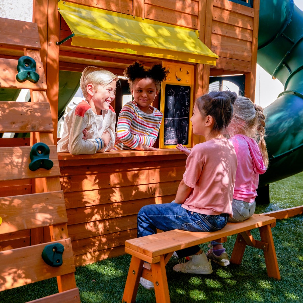 Wooden Outdoor Swing Set with Swings and Wave Slide