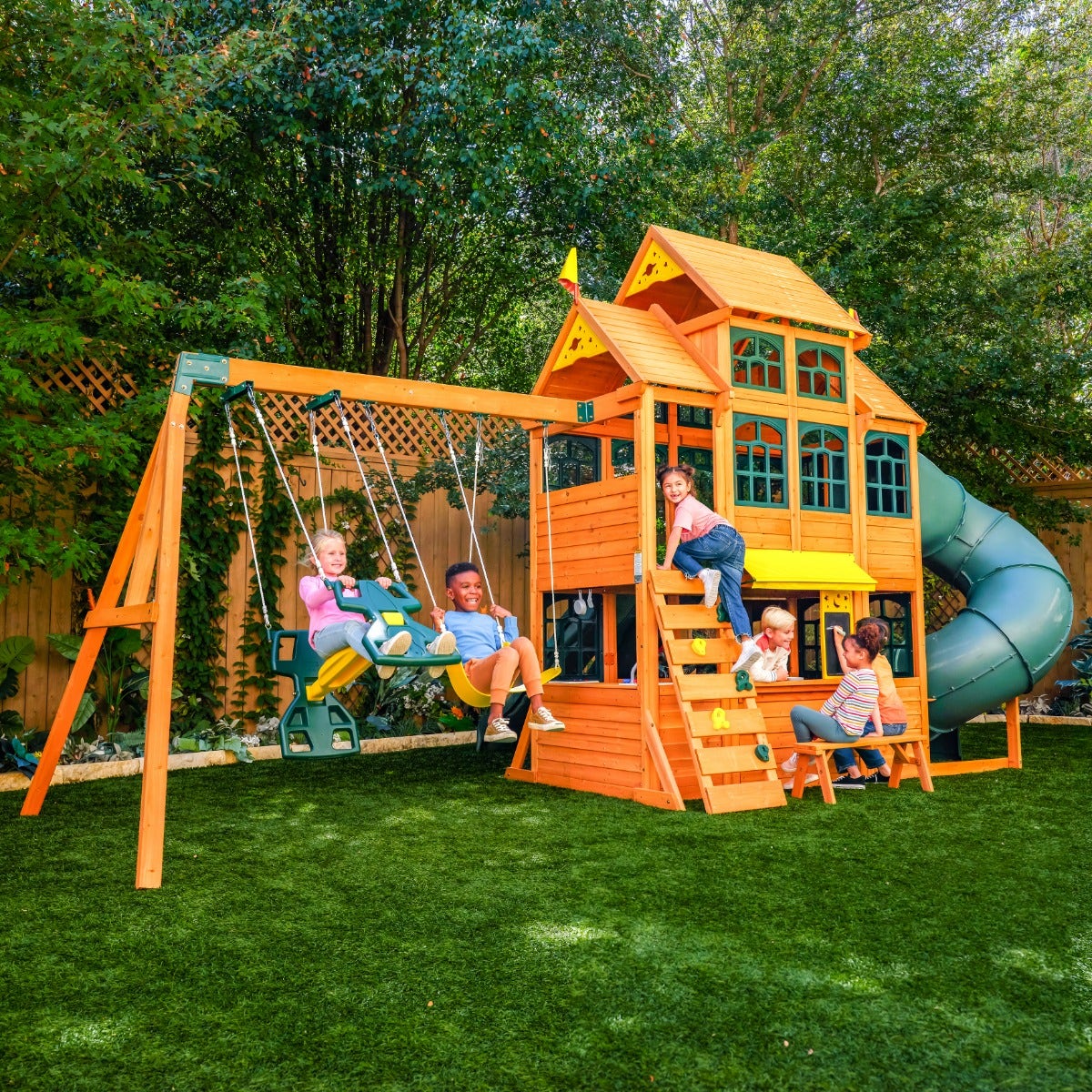 Wooden Outdoor Swing Set with Swings and Wave Slide
