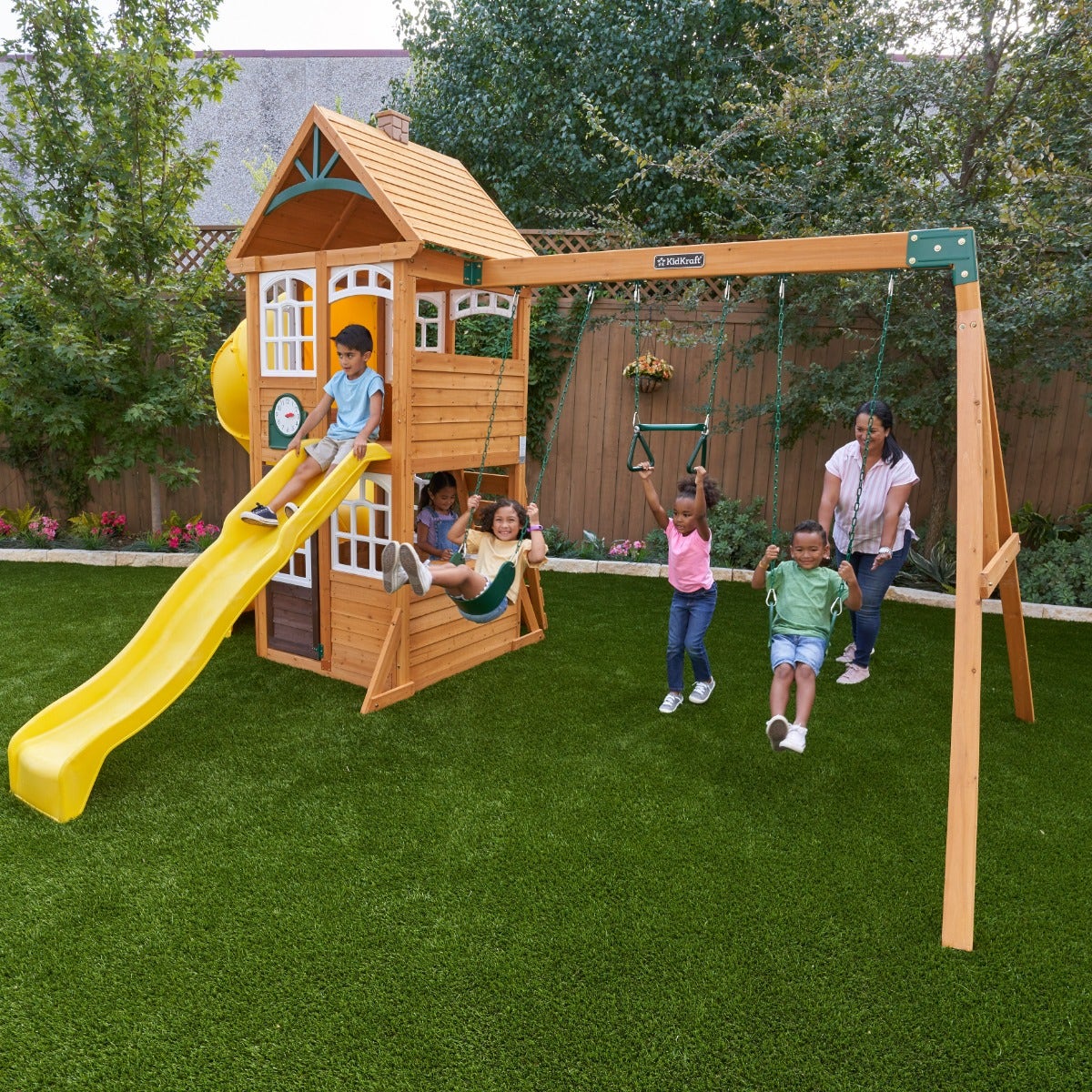 Wooden Outdoor Swing Set with Swings and Wave Slide