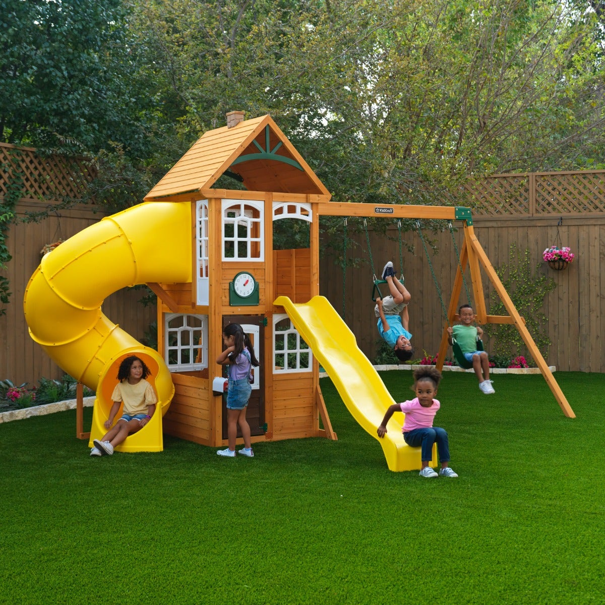 Wooden Outdoor Swing Set with Swings and Wave Slide